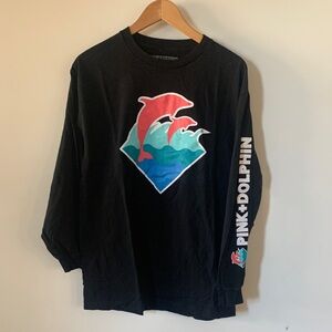 Pink Dolphin Black Long Sleeve Tee with Pink & Teal Dolphin Graphic